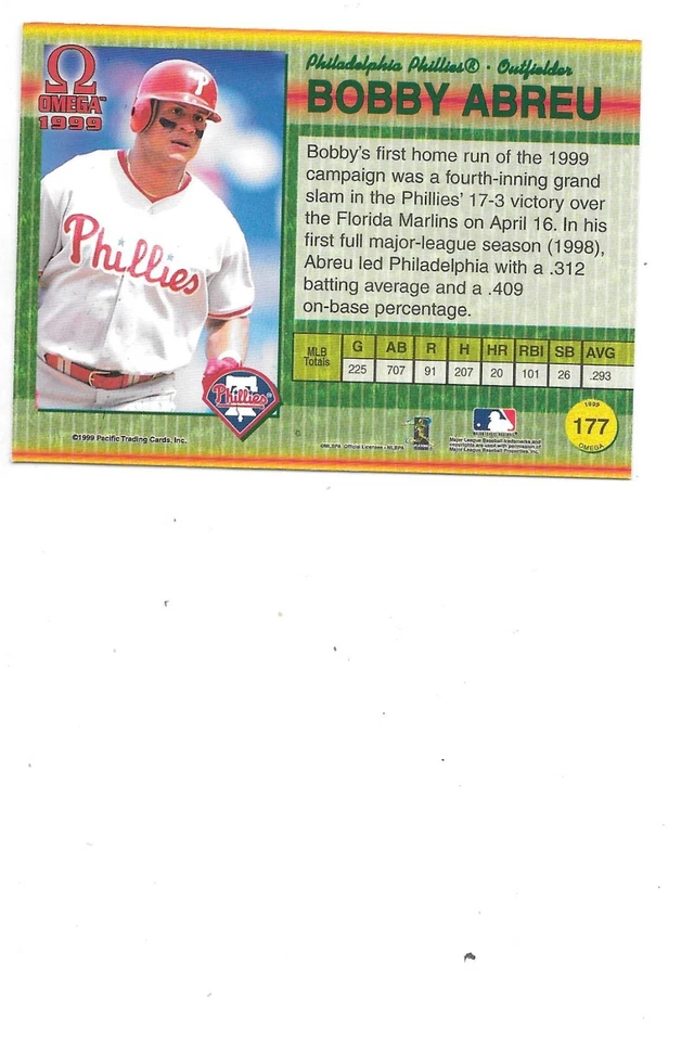 Bobby Abreu 1999 Pacific Omega  Baseball Card #177 Philadelphia Phillies - Image 2 of 2