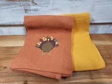 KAY DEE DESIGNS 2 Cotton Waffle KITCHEN TOWELS Orange TURKEY & Solid YELLOW Fall