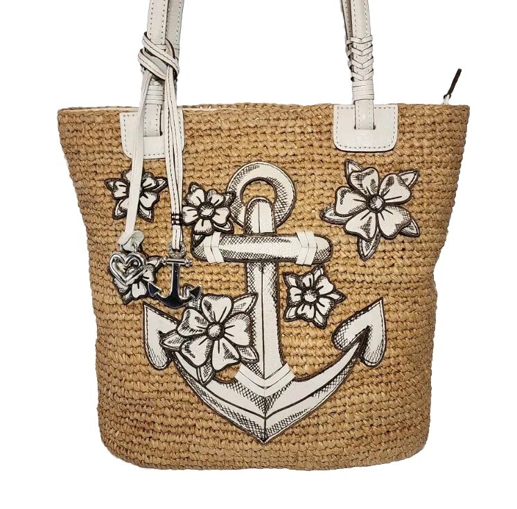 BRIGHTON DOCKSIDE NAUTICAL 3D ANCHOR FLORAL LEATHER APPLIQUE STRAW TOTE  MINT$360