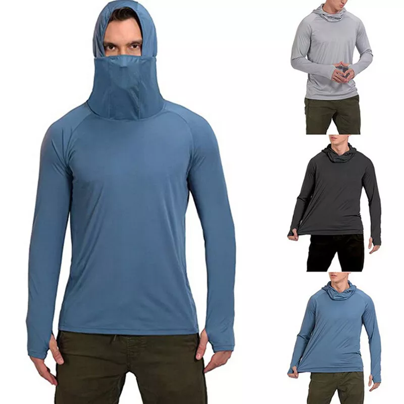 Mens UPF 50+ Sun Skin Protection T-Shirt Hoodie Long Sleeve Outdoor Fishing  Tops