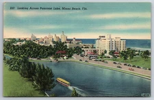 Vintage Postcard FL Miami Beach Pancoast Lake Aerial View Boat Linen ~8862