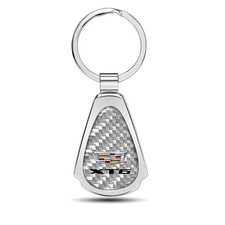 Cadillac XT6 Logo Real Silver Dome Carbon Fiber Chrome Metal Teardrop Key Chain