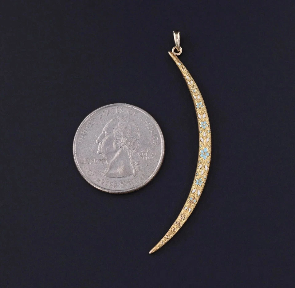 pingente antigo de ouro 14k esmalte lua crescente charme floral celestial - Imagem 2 de 4