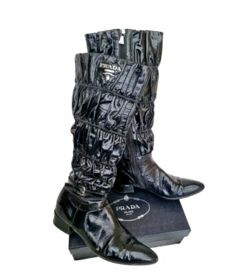 Prada Milano Authentic Ruched Patent Leather Flats Boots Gr. Eur 37 UK 4 bis 4,5