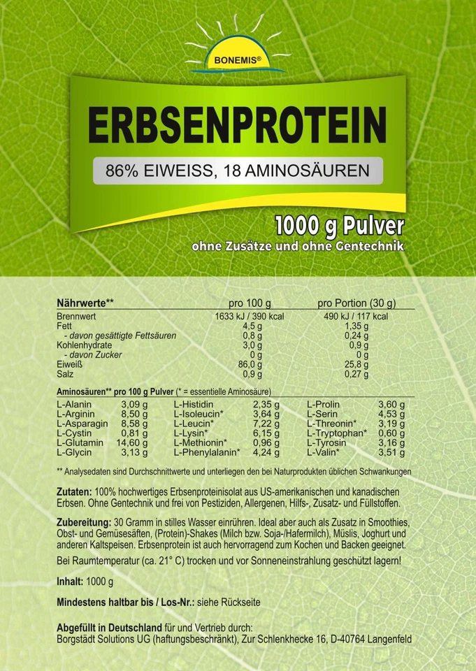Erbsenprotein (86% Eiweiß, 18 Aminosäuren, vegan), 1 kg im Beutel, Bonemis® - Bild 2 von 4