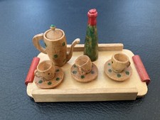 Wooden Tea Set Pitcher Wood Wine Bottle 3 Cups  Saucers