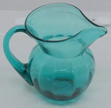 HAND BLOWN ART GLASS PITCHER IN BLUE, PONTIL, OPTIC PANELS, MID CENTURY MODERN