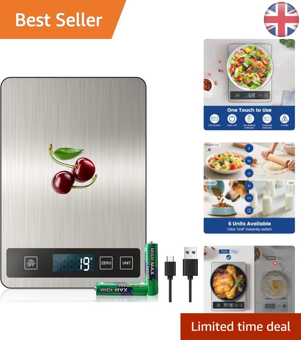 15 kg USB Rechargeable Digital Kitchen Scale - High Precision 1 g Measurements
