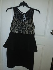 Love by Chesley Black Lace Peplum Sleeveless Dress Floral Short Size L