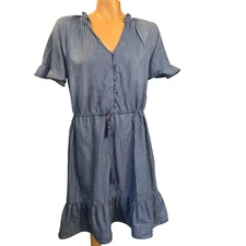 C&C California Denim Chambray V Neck Button Front Tie Waist Dress Size Small