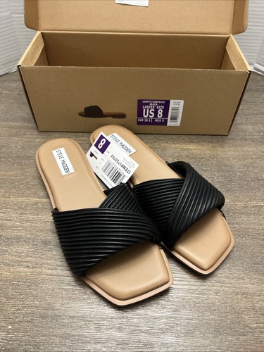 Steve Madden "LIMITT" Women's Textured Cris-Cross Flat Mule Sandal (Black) - NEW