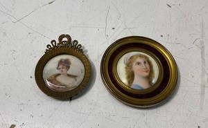 Signed Rochat Antique Miniature Portrait Painting Pair Female Portraits 19th C
