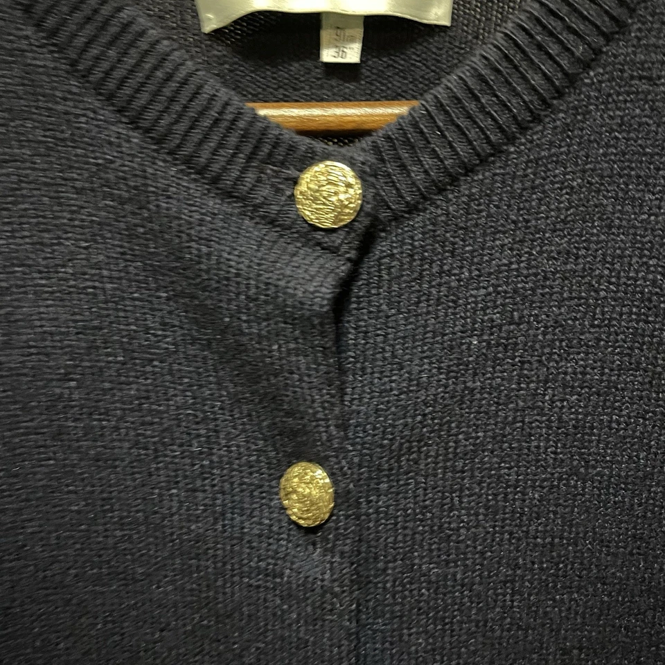 Navy Blue Cashmere Cardigan Sweater Gold Tone Buttons Made in Scotland - Image 4 of 4