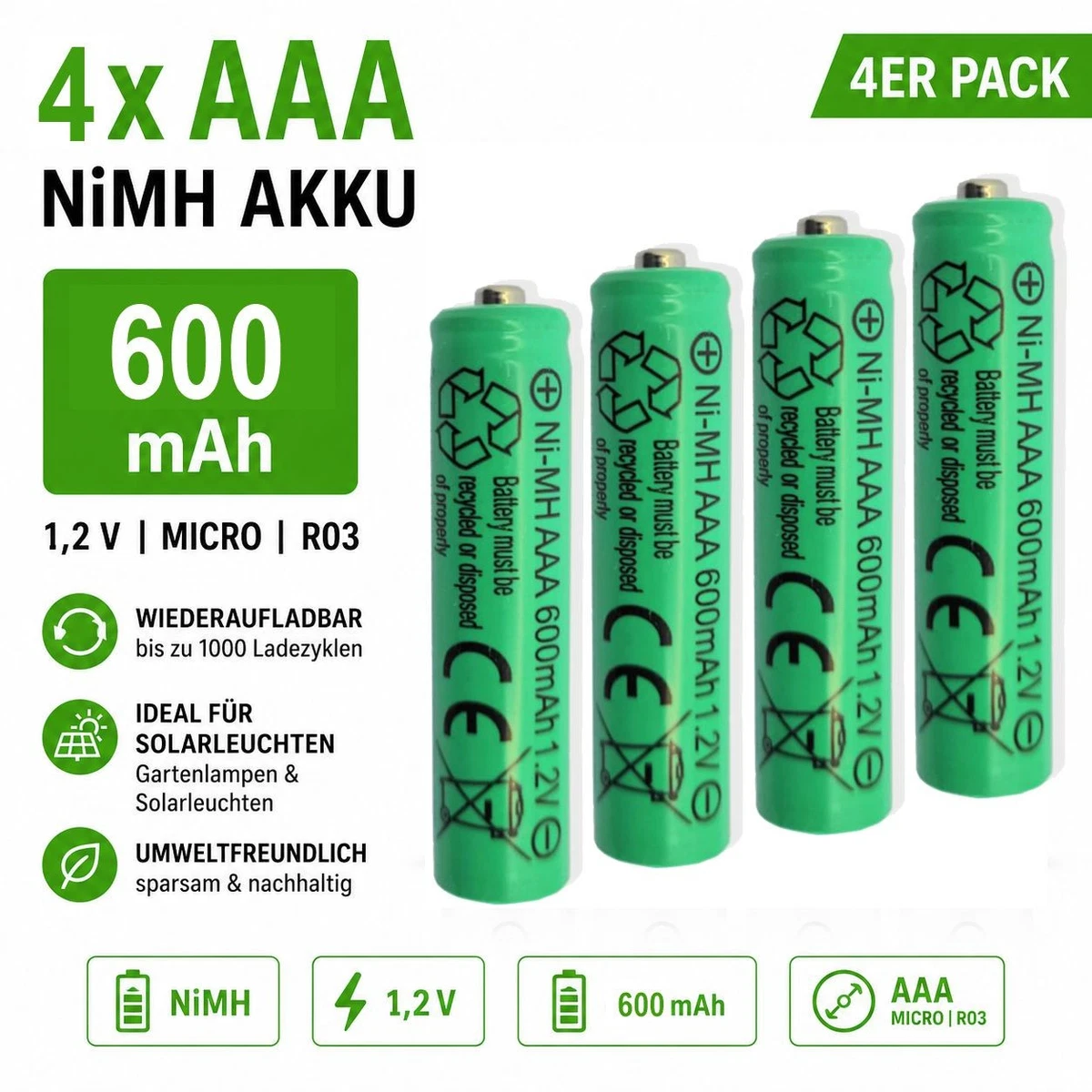 Solar Akku AAA NiMH 1,2V – 4 Stück, 800 MAh, Wiederaufladbar, Geringe Selbstentladung, Dual-Charging – Für Solarlampen, Gartenleuchten, Spielzeug, Zahnbürsten & Mehr