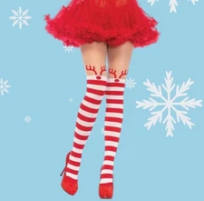 Red and White Rudolph Reindeer Christmas striped pantyhose tights NEW  ONE SIZE