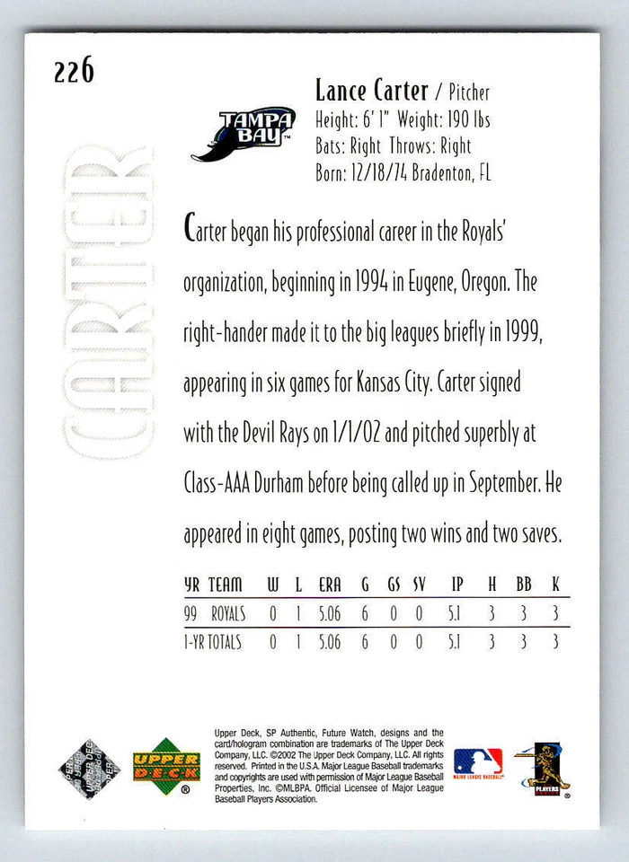 2002 SP Authentic #226 Lance Carter FW RC 1999 (ref 179750) - Image 2 of 2