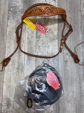 NWT SHOWMAN TOOLED HEADSTALL #12862 WITH SPLIT REINS #175589 MEDIUM OIL HORSE SZ