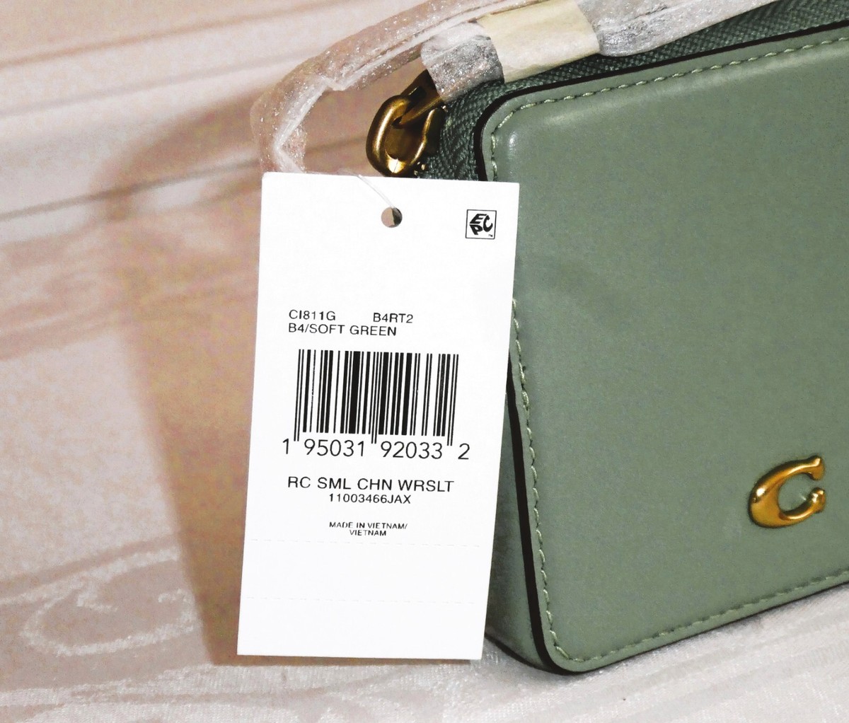 Coach Small Chain Leather Wristlet Brass/Soft Green 3 3/4 