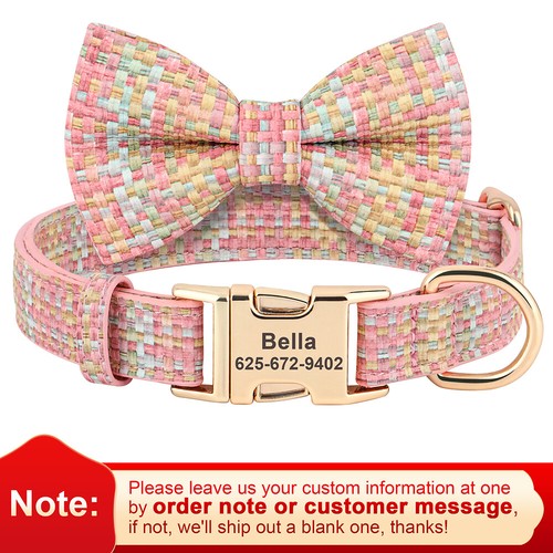 Bow Tie Personalised Dog Collar Soft Nylon Custom Engraved Pet Puppy ID Name Tag - Picture 20 of 21