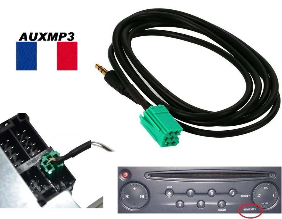 Cable adaptateur mp3 autoradio RENAULT update LIST 6 pin, megane 2 scenic 2 aux