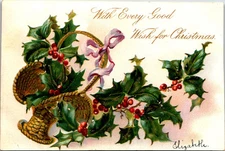 Every Good Wish for Christmas Postcard Embossed Holly Basket Raphael Tuck & Sons