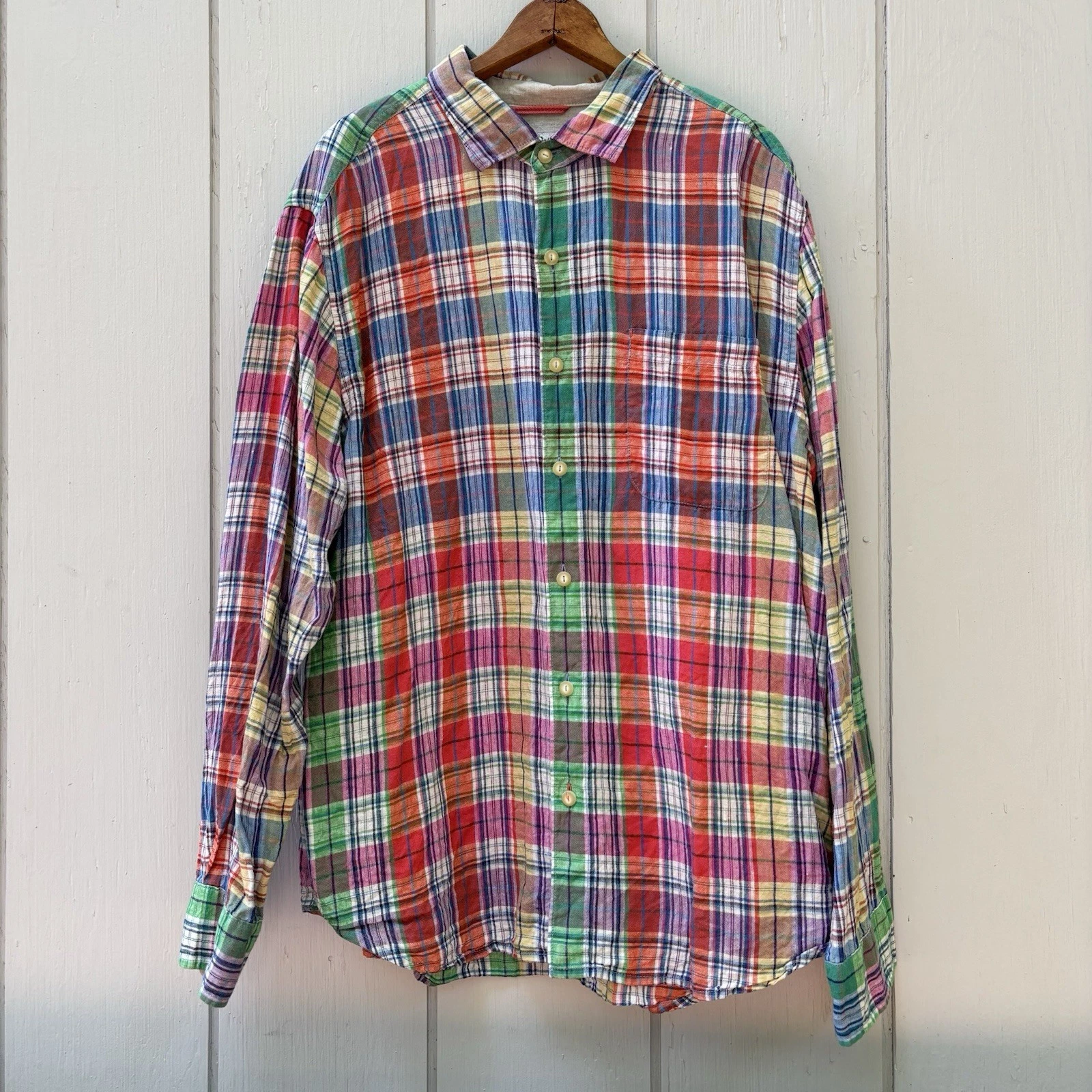 TOMMY BAHAMA—Long-Sleeve Madras Shirt—Men’s XL —18.5 x 38.5—100% LINEN—India—VG+
