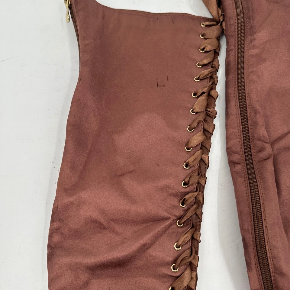 Womens Brown Satin Lace Up Over the Knee Peep Toe Stiletto Boots Size 7 - Image 2 of 4