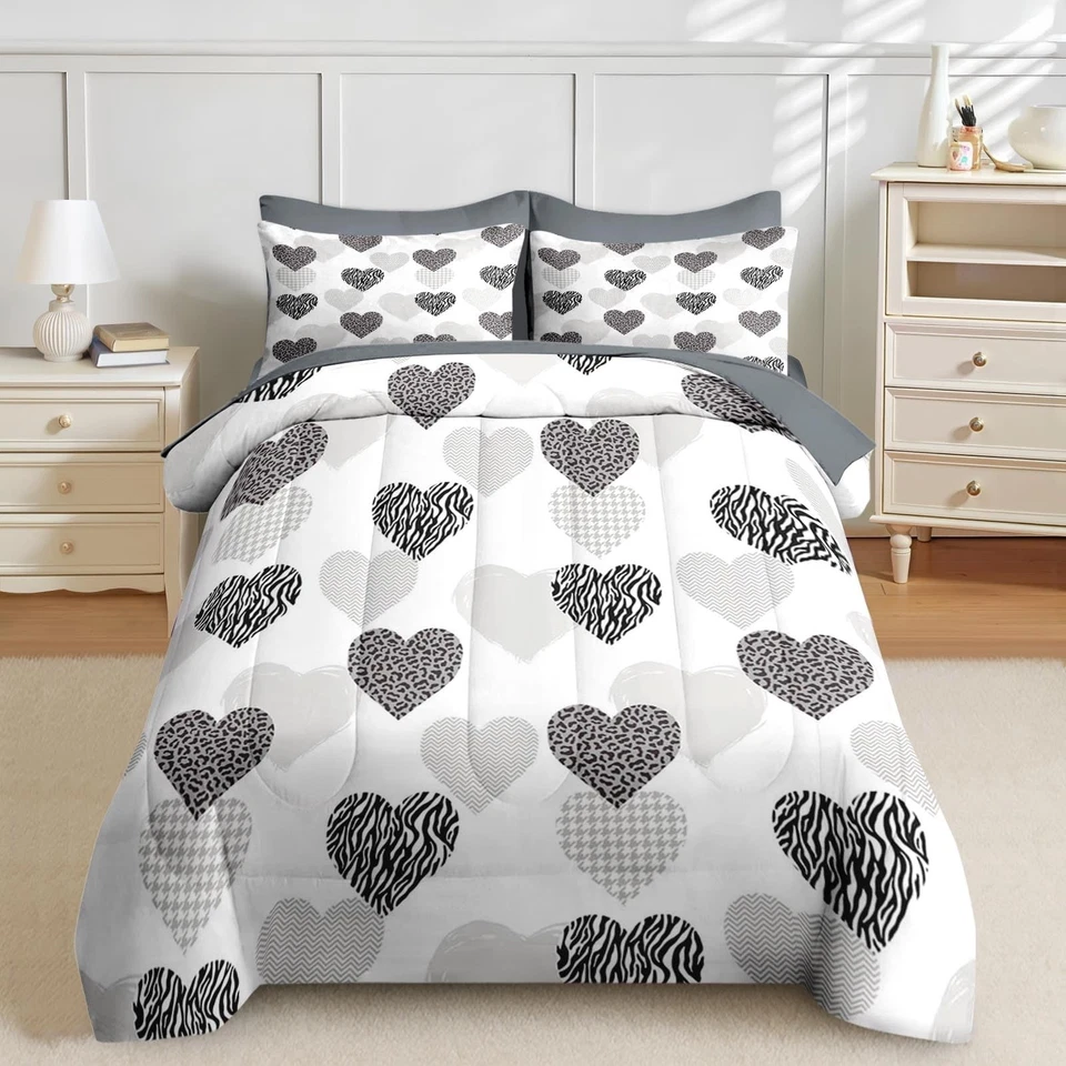 Juego de edredón de 5 piezas tamaño doble, gris blanco lindo corazón juego de cama para niños y... Foto 3 de 4
