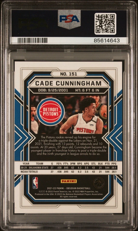2021 Obsidian Cade Cunningham Electric Etch Red Flood SSP PSA 10 Rookie RC Card - Image 2 of 2