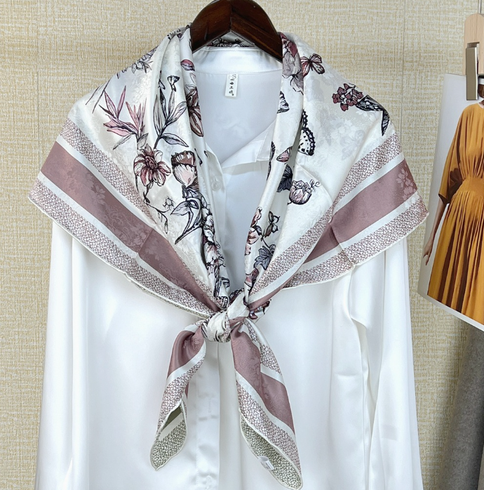 Pure19 Momme Silk Scarf Square Bandana Shawl Hualuo butterfly Print 106X106cm