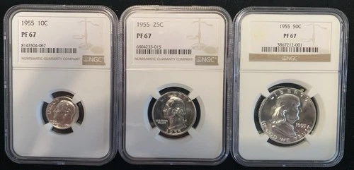 1955 Set of 3 Coins In PF 67 Proof  Ben Franklin Half 1 Quarter And 1 Dime