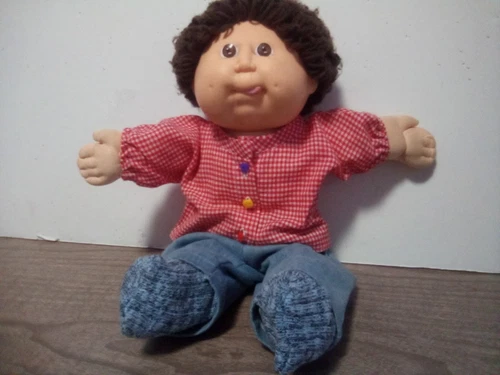 Vintage Cabbage Patch Boy Doll Brown Hair/Eyes Tongue Out Country Outfit