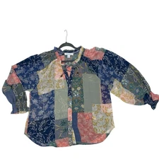 Bunulu Women's XL Mixed Print Boho Peasant Smocked Beaded Tie Front Blouse Sheer