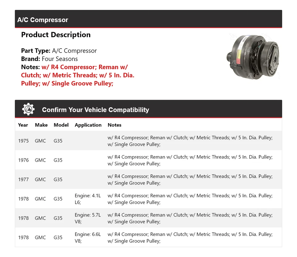 Compresor de aire acondicionado GMC G35 1975-1978 4 estaciones 1976 1977 Foto 2 de 4