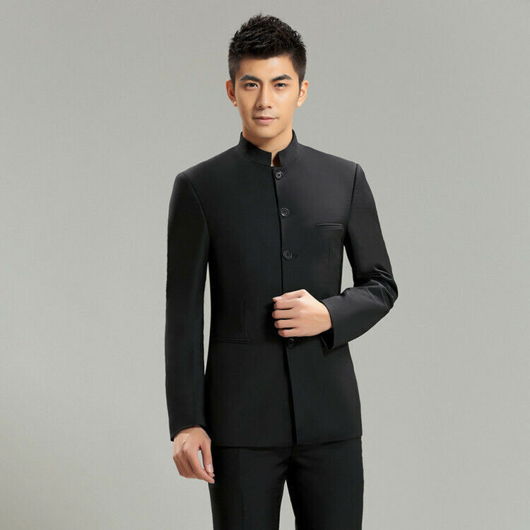 Mens Traditional Mandarin Suit Coat Chinese Banded Collar Single 