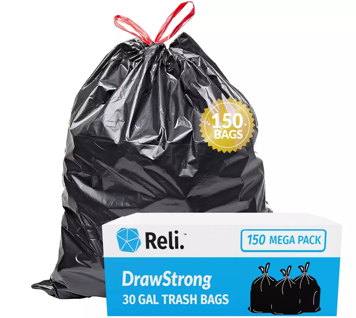 30 Gallon Trash Bags Drawstring, 150 Count, Black