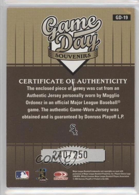 2004 Donruss Studio Game Day Souvenirs Jersey Number /250 Magglio Ordonez #GD-19 - Image 2 of 2