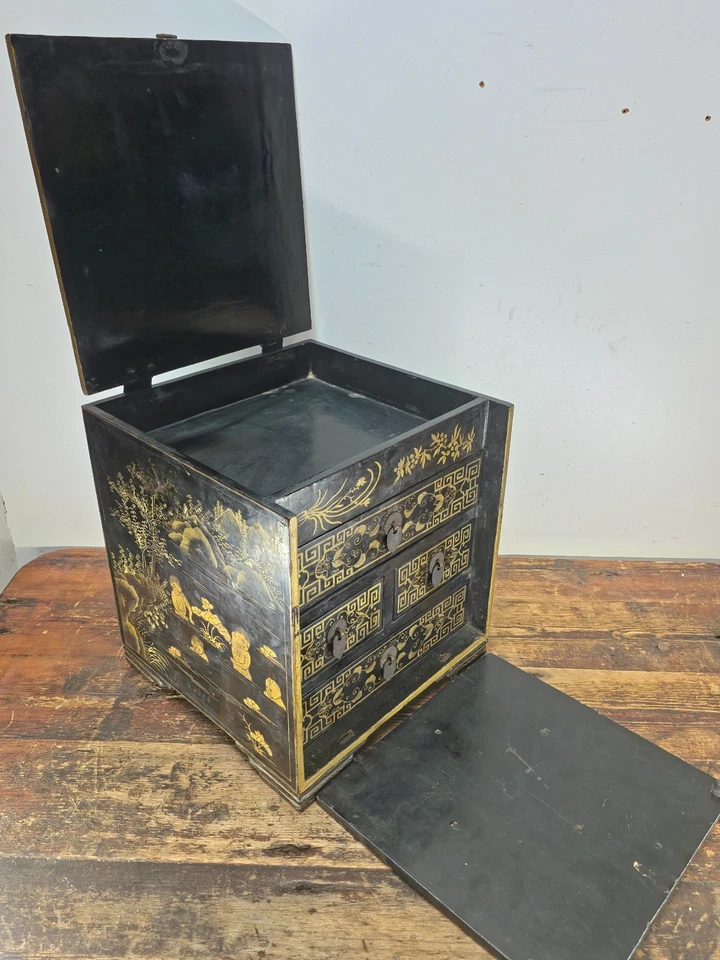Chinese Antique Lacquer Box, Hundred Boys Motif, Drawers & Lift-Top 14.5"H - Image 2 of 4