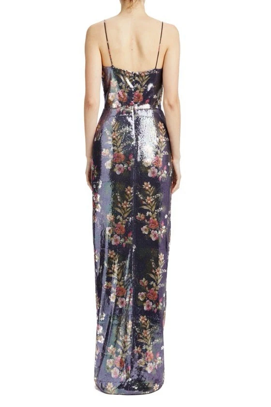 ML Monique Lhuillier Sequin Surplice Floral Maxi Gown Formal Black Tie Prom 10 - Image 2 of 4