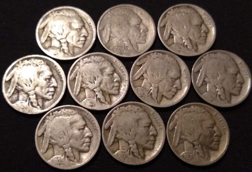 10 different buffalo nickels 1/4 roll 1916-1936 etc horn date indian head coins