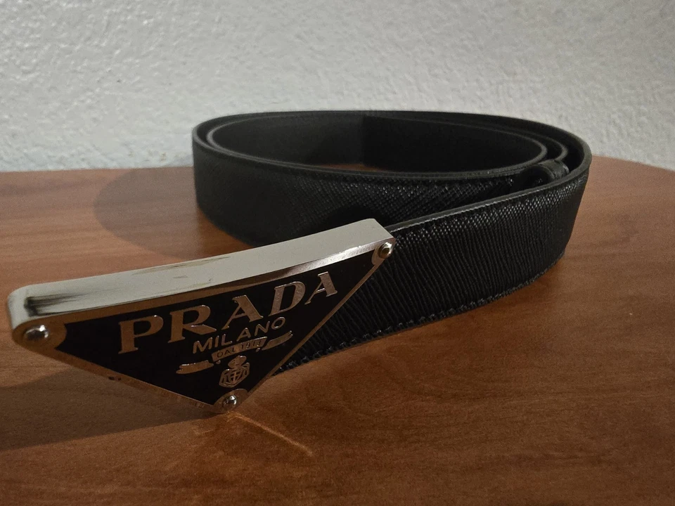 Ремень Prada черный кожаный серебристый треугольный логотип размер ЕС 90 / США 30-33 - Изображение 3 из 4
