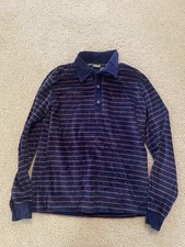 Vintage 70s Mod Velour Blue Stripe LS Polo Skater Disco Soft-Touch Shirt M