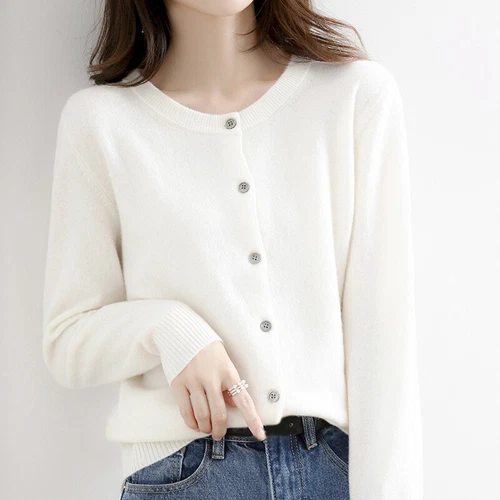 Women's Cashmere Blend Sweater Solid Color Crew Neck Button Cardigan Jacket Coat - Bild 15 von 23