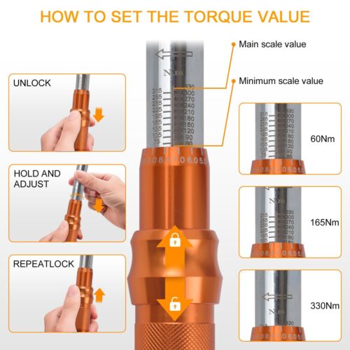 Heavy Duty Torque Wrench Adjustable Torque Wrench 1/2" Drive Micrometer 60-330Nm - Picture 17 of 19