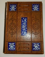 Antique English Aesthetic Movement Oak and Blue & White Floral Tile Desk Blotter