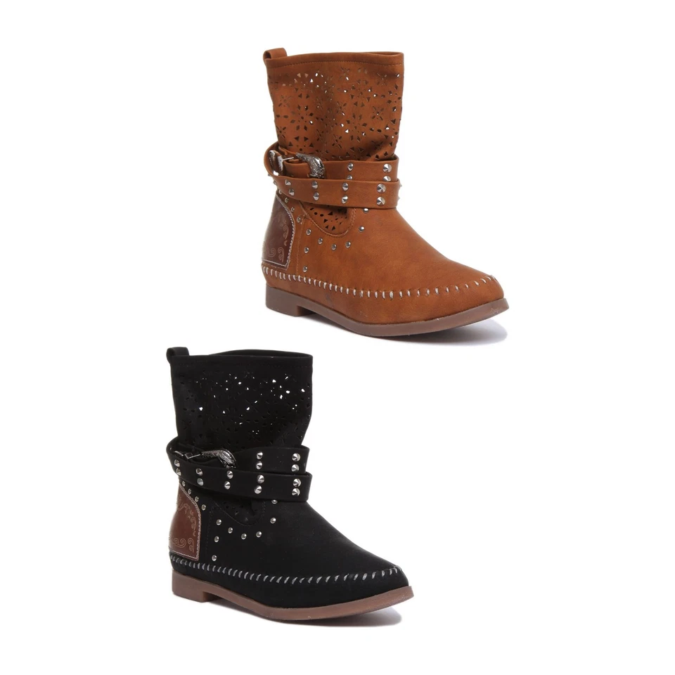 Femmes Talon Bas Perforé Bottes Avec Bout Rond Fauve ou Noir Taille EU 36-42 - Photo 1/1