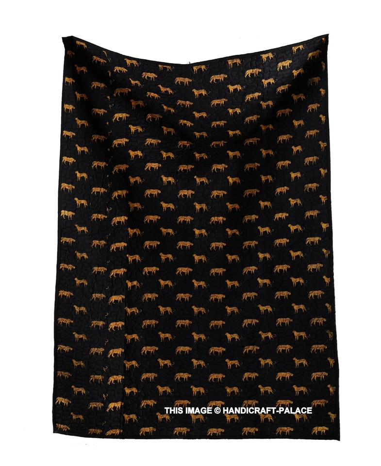 Black Leopard Printed Cotton Blanket Couch Quilt Cover Kantha Quilted Throw Sofa - Image 2 of 4