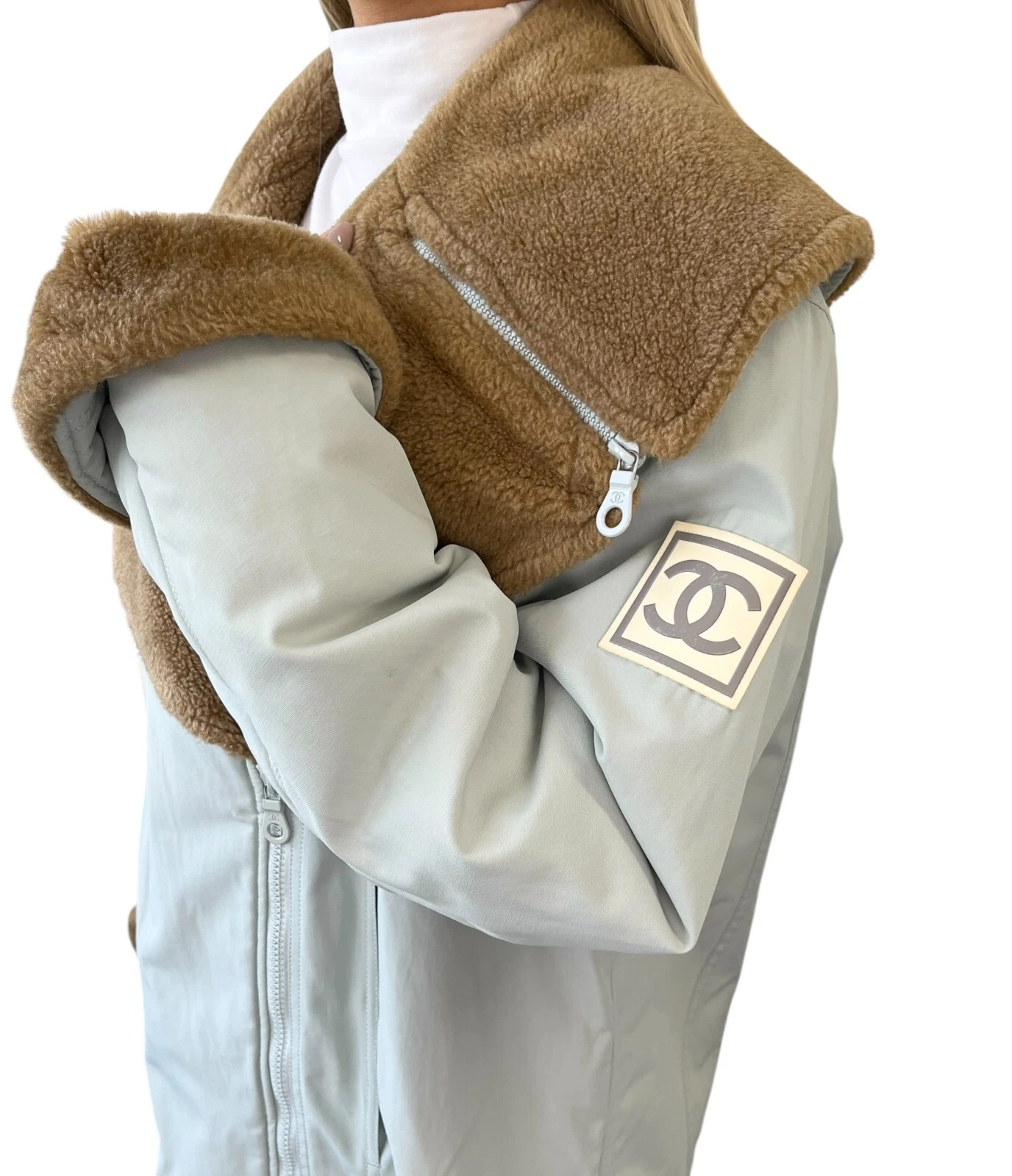 Giacca da sci CHANEL Sport vintage 01A CC logo #36 blu marrone cotone pelliccia zip