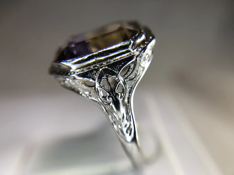 Anillo de cóctel filigrana ametrina natural corte esmeralda oro blanco 14k Art Deco Foto 3 de 4