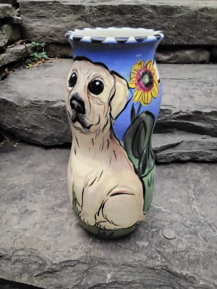 Jarrón o urna para perro Labrador Retriever amarillo pintado a mano, 11" de alto, cerámica Foto 3 de 4